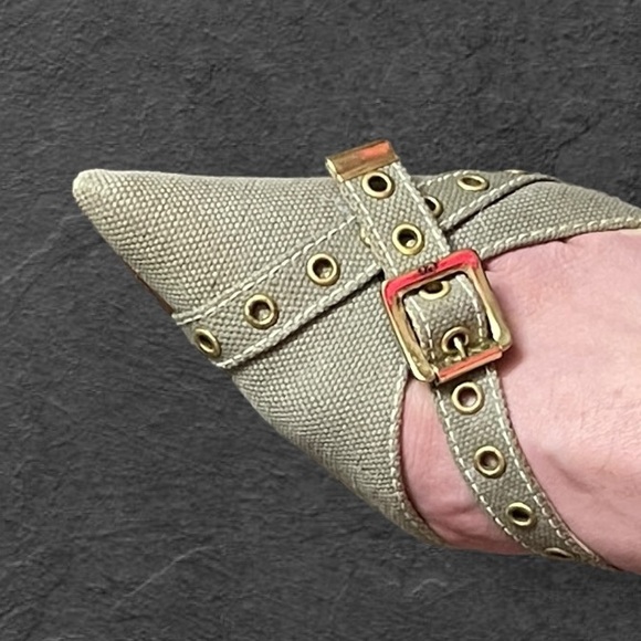 SOLDX AUTH DIOR VINTAGE MULE SLIDE SANDAL GREEN KHAKI CANVAS POINTED TOE 7.5 38 - Picture 5 of 8